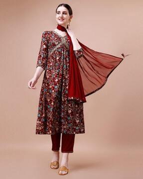 women floral print alia cut kurta with pants & dupatta