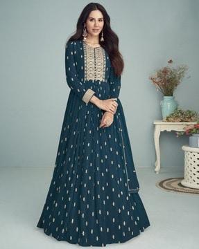 women floral print anarkali dress material with dupatta