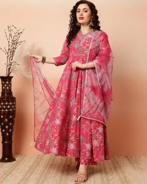 women floral print anarkali kurta & palazzos with dupatta