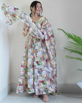 women floral print anarkali kurta & pants with dupatta set