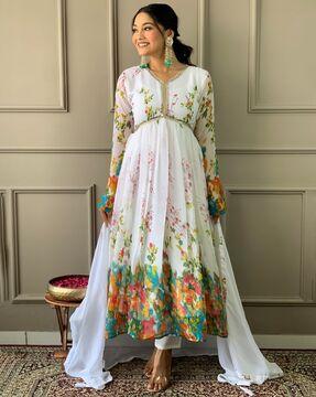 women floral print anarkali kurta & pants with dupatta