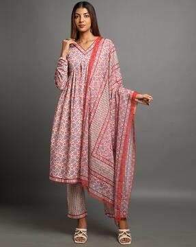 women floral print anarkali kurta set with dupatta