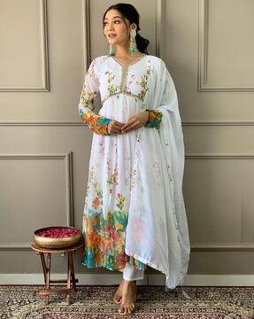 women floral print anarkali kurta set with dupatta