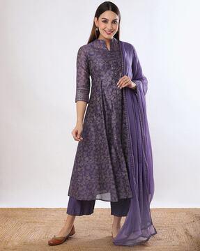 women floral print anarkali kurta suit set