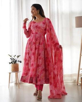 women floral print anarkali kurta suit set