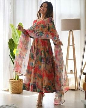 women floral print anarkali kurta suit set