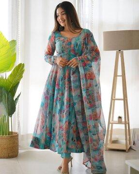 women floral print anarkali kurta suit set