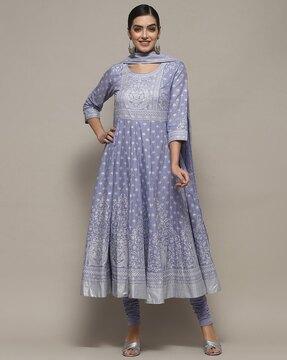 women floral print anarkali kurta with churidar & dupatta