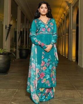 women floral print anarkali kurta with palazzos & dupatta