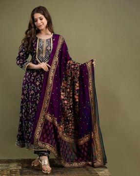 women floral print anarkali kurta with palazzos & dupatta