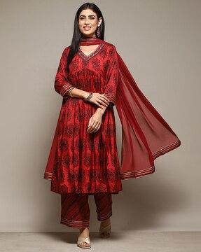 women floral print anarkali kurta with palazzos & dupatta