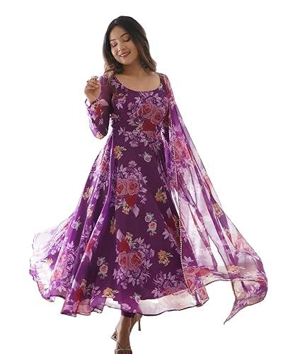 women floral print anarkali kurta with pant and duptta (large, purple-1)