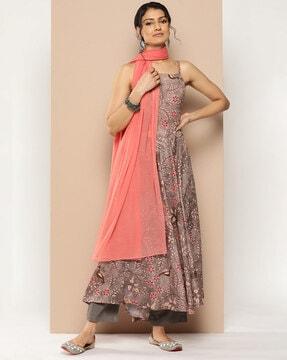 women floral print anarkali kurta with pants & dupatta