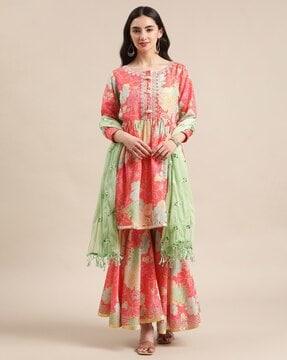 women floral print anarkali kurta with pants & dupatta