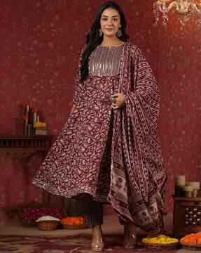 women floral print anarkali kurta with pants & dupatta