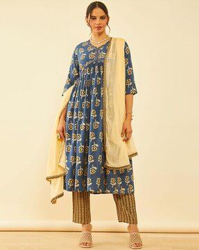 women floral print anarkali kurta with pants & dupatta