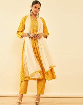 women floral print anarkali kurta with pants & dupatta