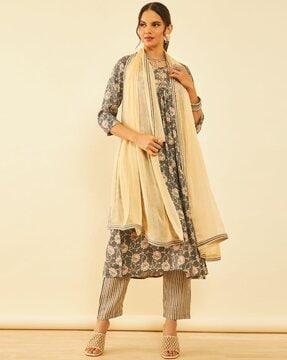 women floral print anarkali kurta with pants & dupatta