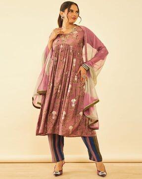 women floral print anarkali kurta with pants & dupatta