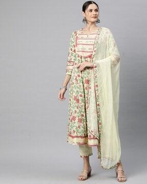 women floral print anarkali kurta with pants & dupatta