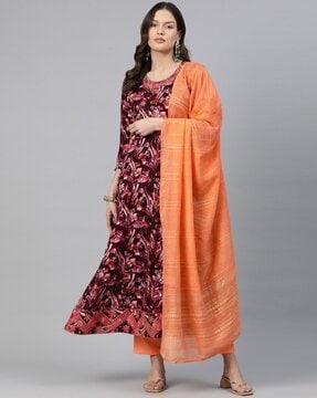 women floral print anarkali kurta with pants & dupatta