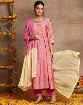 women floral print anarkali kurta with pants & dupatta