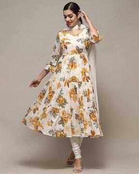 women floral print anarkali kurta with pants & dupatta