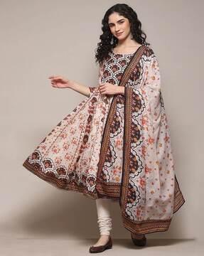 women floral print anarkali kurta with pants & dupatta