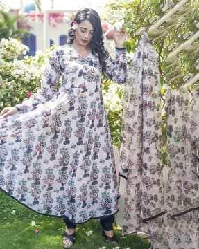 women floral print anarkali kurta with pants & dupatta