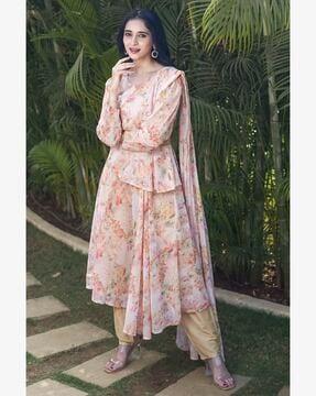 women floral print anarkali kurta with pants & dupatta