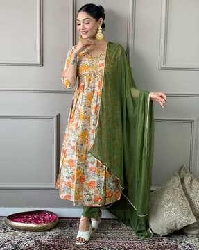 women floral print anarkali kurta with pants & dupatta