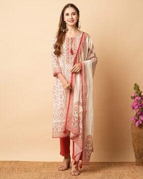 women floral print anarkali kurta with pants & dupatta