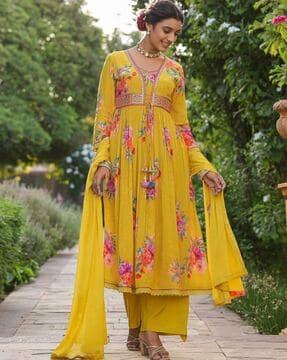 women floral print anarkali kurta with pants & dupatta