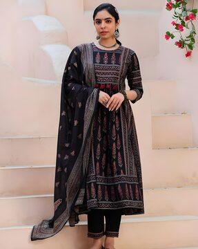 women floral print anarkali kurta with pants & dupatta