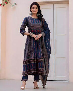 women floral print anarkali kurta with pants & dupatta