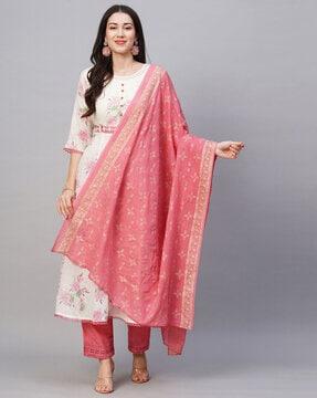 women floral print anarkali kurta with pants & dupatta