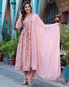 women floral print anarkali kurta with pants & dupatta