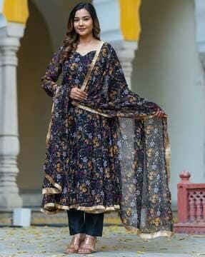 women floral print anarkali kurta with pants & dupatta