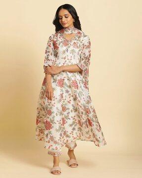 women floral print anarkali kurta with pants & dupatta