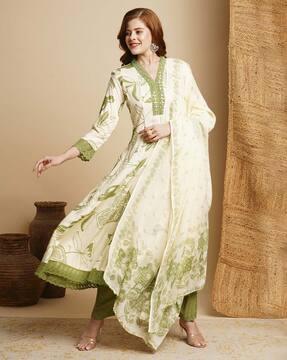 women floral print anarkali kurta with pants & dupatta