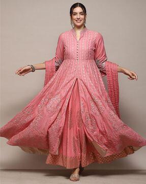 women floral print anarkali kurta with skirt & dupatta