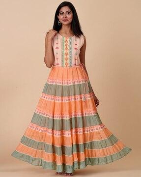 women floral print anarkali kurta with tie-up