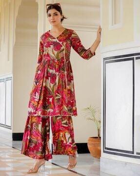 women floral print anarkali kurti with palazzos