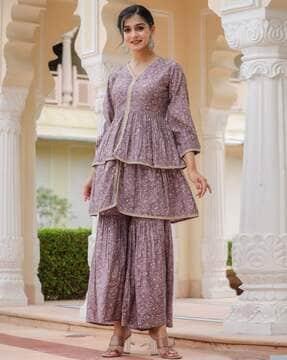 women floral print anarkali kurti with sharara