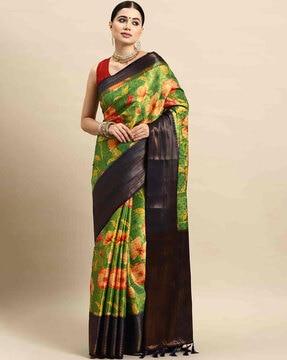 women floral print art silk saree with tassels