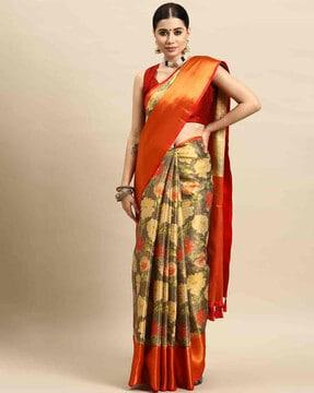 women floral print art silk saree with tassels