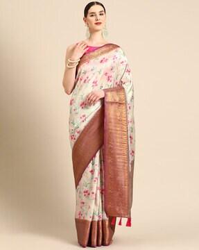 women floral print art silk saree with tassels