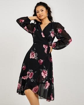 women floral print balloon sleeve wrap dress