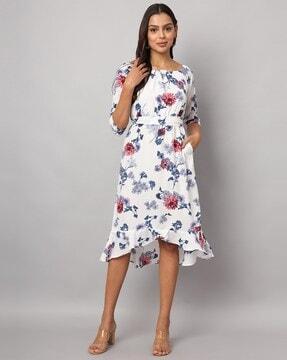 women floral print boat-neck a-line dress