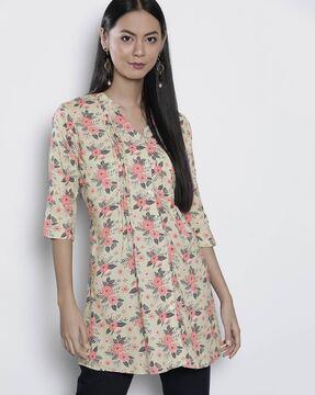 women floral print button-down straight tunic